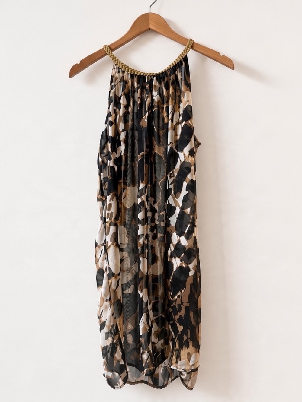 Elif for Jordan Taylor Gold Trim Halter Dress Swim Cover Up Neutral Abstract